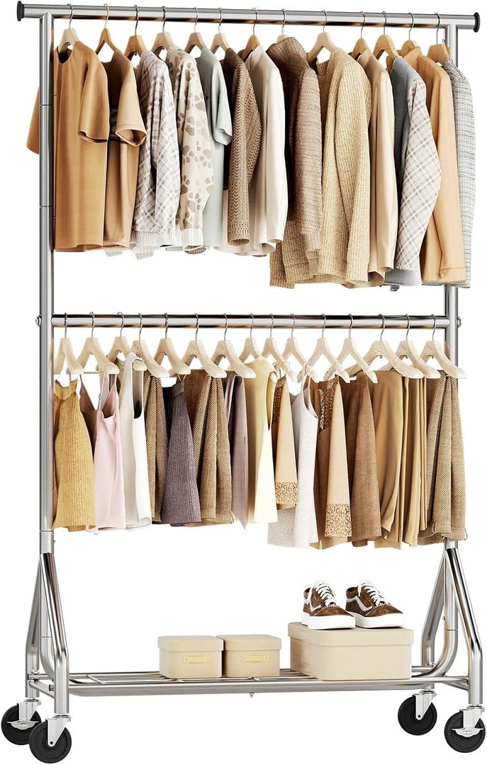 HYSEYY Heavy Duty Clothes Rack, Double Rod Clothing Rack for Hanging Clothes, Rolling Garment Rack, Adjustable Freestanding Wardrobe Closet Coat Rack for Bedroom Laundry Living Room, Silver