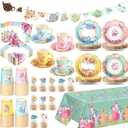 FoldTier 162 Pcs Floral Paper Tea Party Supplies Disposable 9 oz Tea Cup with Handle Flower Plates Napkin Cupcake Topper Decoration Banner Plastic Tablecloth for Birthday Wedding Bridal Baby Shower