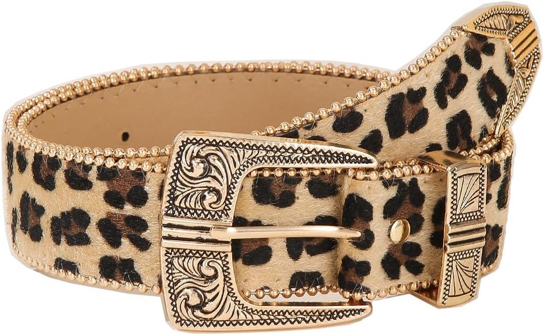 2 x FGSS Women's Leopard PU-Leather-Belt - Fashion Waist Belt with Chic Metal Buckle for Jeans Dress Pants (28"-38")