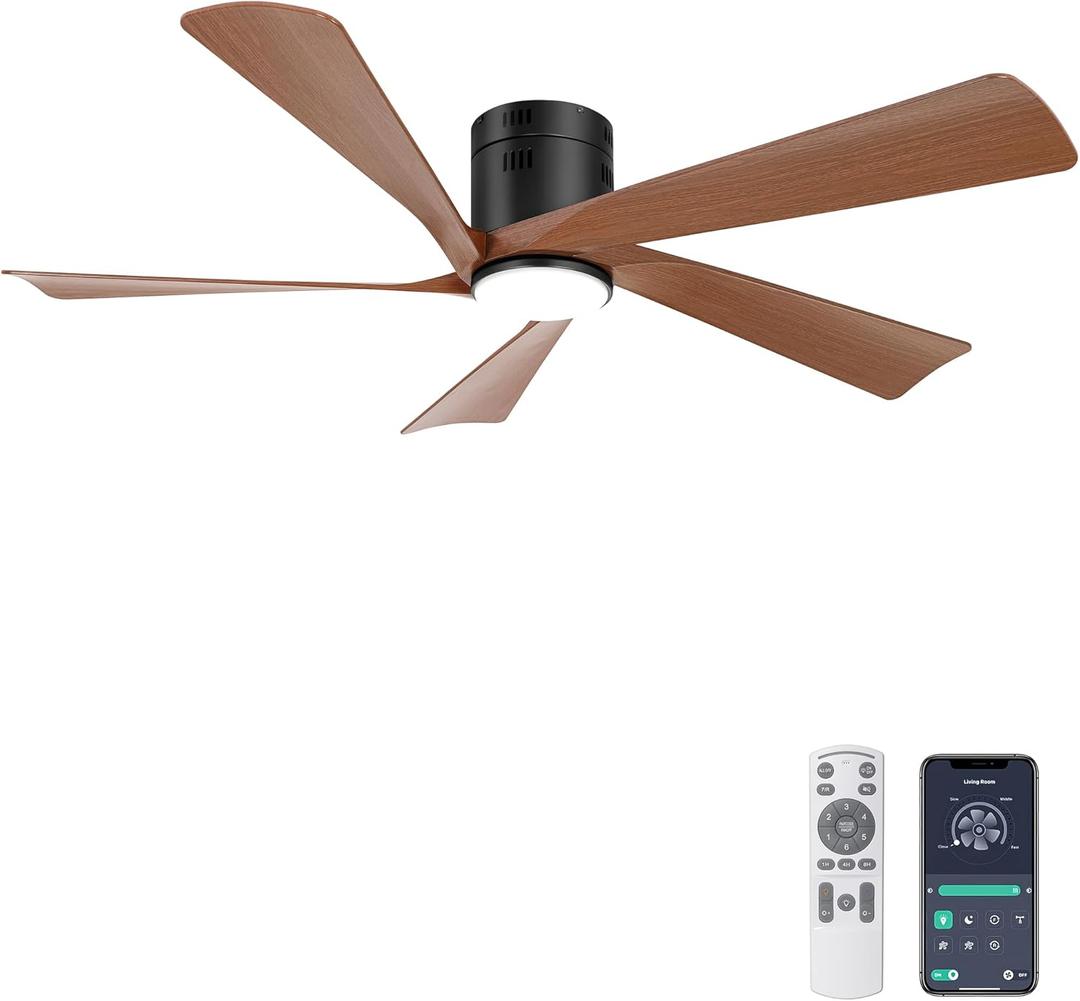 Ohniyou 52 Flush Mount Farmhouse Ceiling Fan with Lights, Remote & APP Control Low Profile Indoor Outdoor Ceiling Fans, Dimmable, Quiet DC Motor, Reversible, Black+Wood (Walnut)