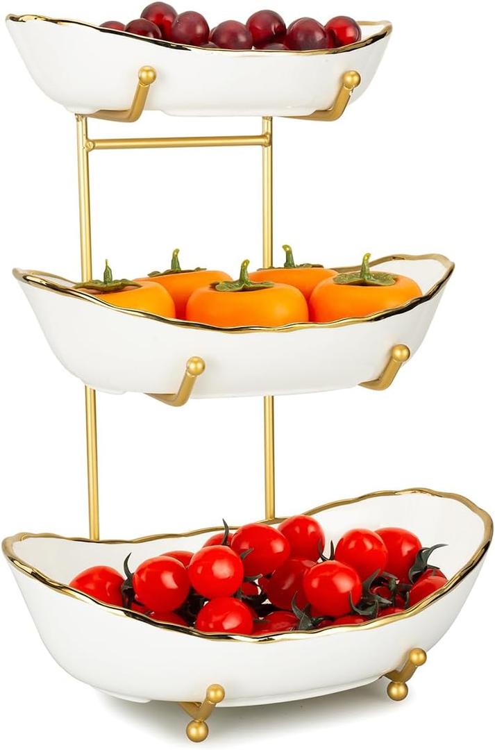 YYW 3 Tier White Fruit Bowl for Kitchen Counter, Ceramic Fruit Stand for Countertop, Home Fruit Rack with Holder, Vegetable Bowl Snacks Nuts Bread Candy Storage