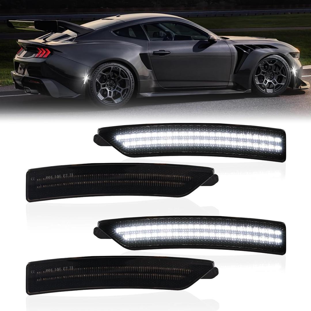 LED Side Marker Lights Front Rear Bumper Parking Signal Lamp Reflectors for 2024-2025 Ford Mustang S650 Gen7, Smoked Len 4PCS (White)