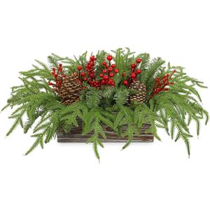 Table Centerpiece, Norfolk Pine Pinecones with red Seed in Pot Artificial Xmas Plants Fake Greenery Stems in Brown Rectangular Wooden Pots for Christmas Table Centerpiece Christmas Decor Decor