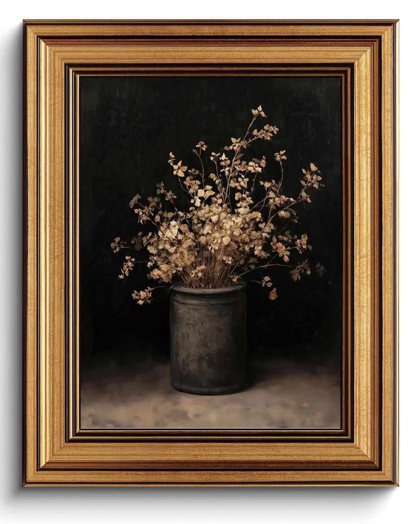 Vintage Moody Floral Gold Framed Canvas Wall Art 16x24