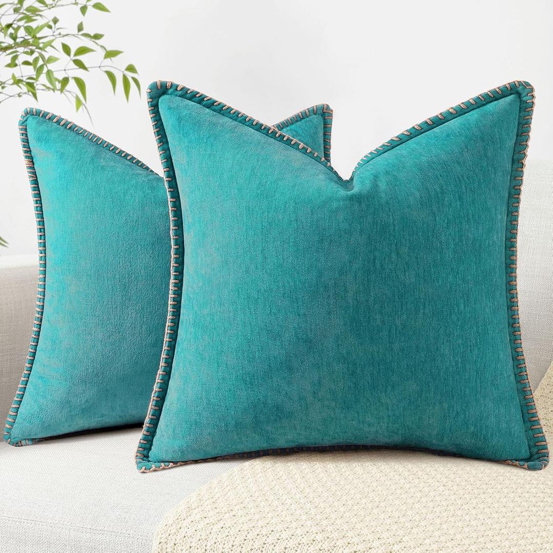 decorUhome Summer Chenille Soft Cozy Throw Pillow Covers 16x16 Set of 2, Modern Farmhouse Boho Velvet Decorative Pillow Cases with Stitched Edge for Couch Sofa Bed Home Decor, Turquoise