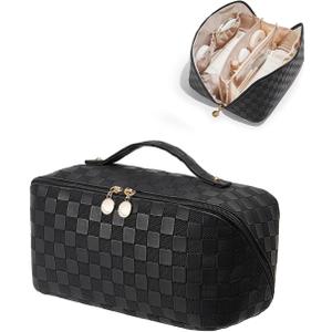 EACHY Travel Makeup Bag,Large Capacity Cosmetic Bags for Women,Waterproof Portable Pouch Open Flat Toiletry Bag Pattern Makeup Bag (BE-Black)