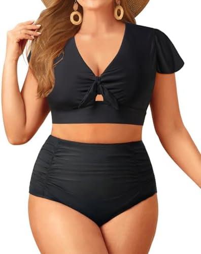 Yonique Womens Two Piece Plus Size Bikini Set High Waisted Swimsuits Tummy Control Bathing Suits Short Sleeve Swimwear 18W