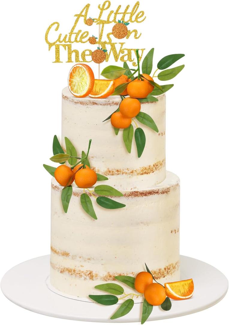 Soulchen 15 Pcs Little Cutie Is on the Way Cake Topper Set Glitter Orange Cake Topper and Simulation Citrus Decorations for Citrus Birthday Party Gender Reveal Fruit Party Supplies