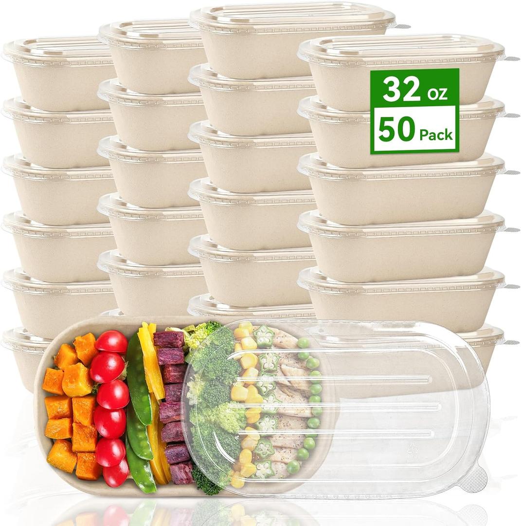 ZORRITA 50 Pack 32 oz Disposable Meal Prep Containers, Sugarcane Fiber Paper Salad Bowls with Lids Take Out Food Container for Pasta, Burrito, Leftovers