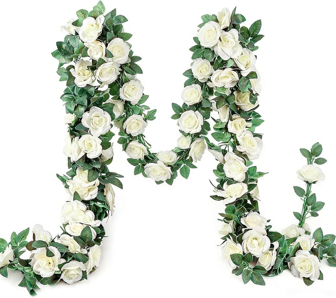 10PCS Fake Rose Garland, 7.5Ft Artificial Vines Flowers Hanging Rose Vine for Table Wedding Backdrop Arch Wall Party Mantle Festival Decor (Light White)