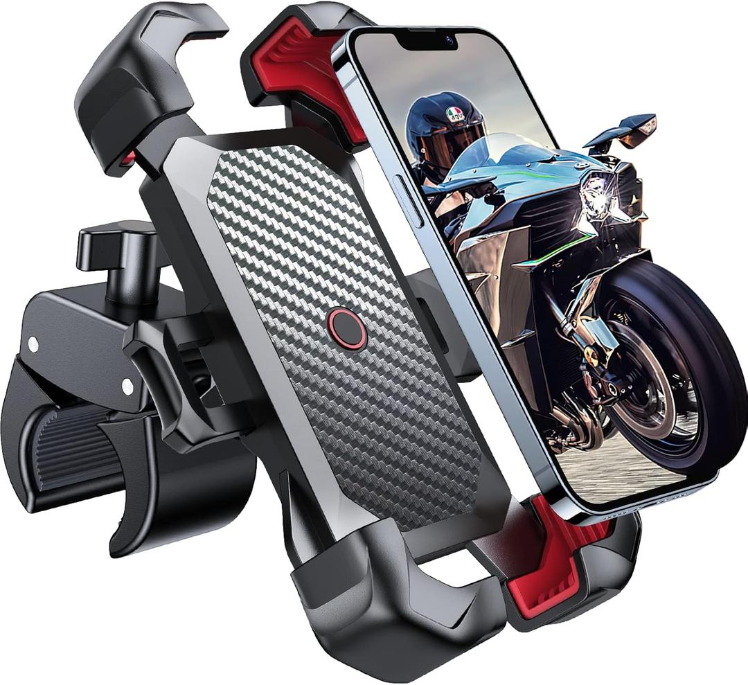 JOYROOM Motorcycle Phone Mount, [1s Auto Lock][100mph Military Anti-Shake] Bike Phone Holder for Bicycle, [10s Quick Install] Handlebar Phone Mount, Compatible with iPhone, Samsung, All Cell Phone (Black red)