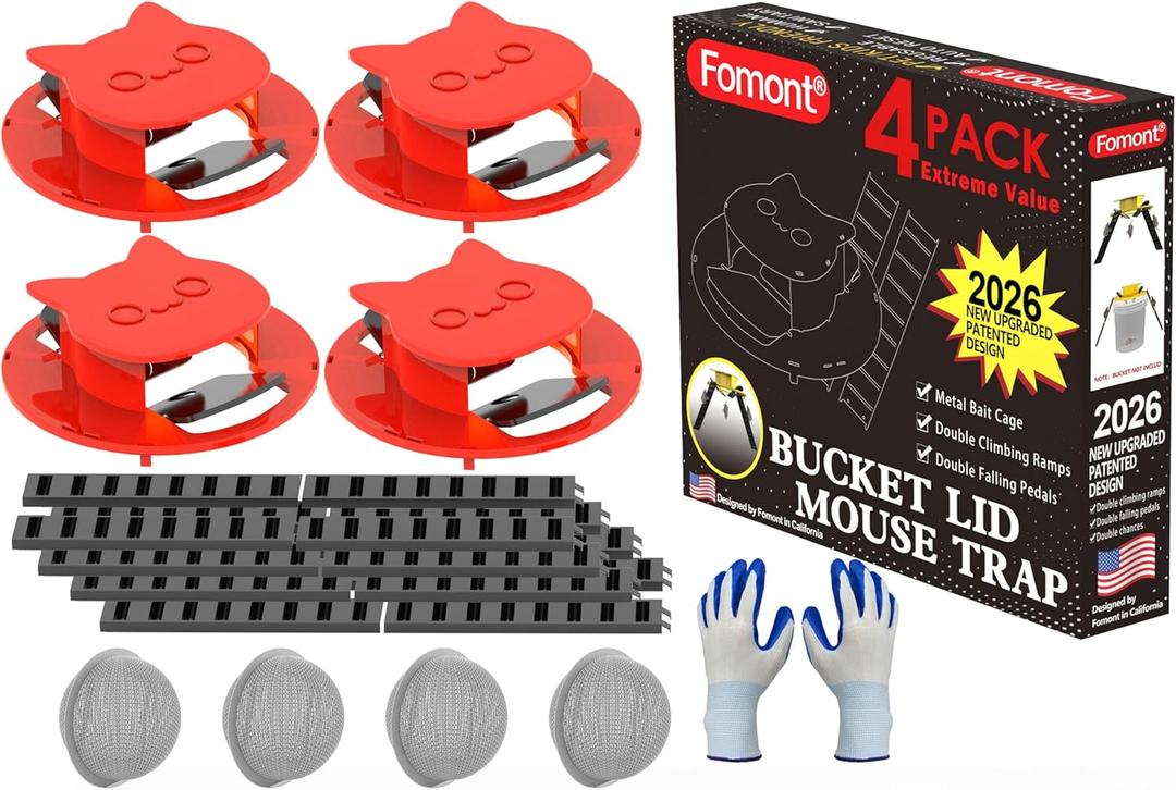 2026 Optimized Upgrade Mouse Rat Trap Bucket Lid-Metal Bait Cage-AutoReset-Fit 5 Gal Bucket (Red - 4 Pack, Extreme Value with Free Hand Glove)