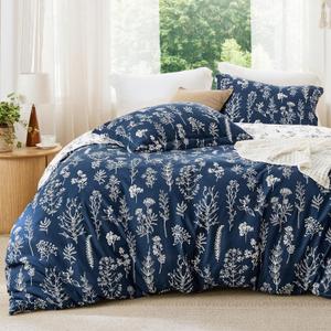 Bedsure Full Comforter Set - Navy Bed Set, 3 Pieces Cute Floral Bedding, 1 Soft Reversible Botanical Flowers Comforter and 2 Pillow Shams