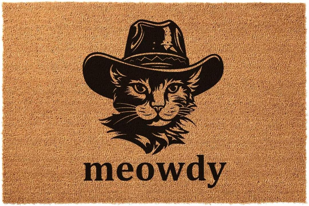 Funny Coir Doormat - Cat Wearing Cowboy Hat Meowdy Welcome Front Porch Decor for The Entrance Way - Personalized Outdoor Rug With Heavy-Duty Non Slip Coconut Coir 23.6 x 15.7 Inch, Onesize