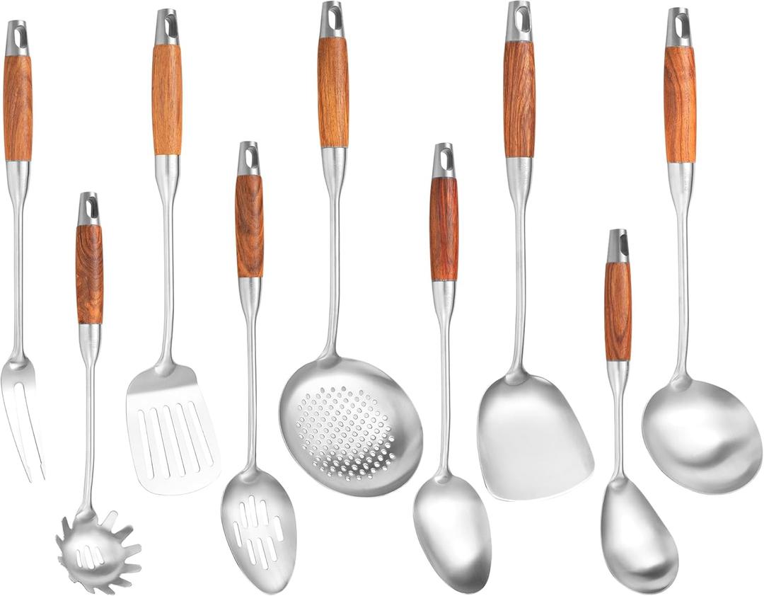 Stainless Steel Kitchen Utensils Set with Wooden Handle for Cooking 9 PCS with Solid and Slotted Spoon, Fork, Spatula, Ladle, Skimmer, Slotted Tunner, Spaghetti and Large Spoon