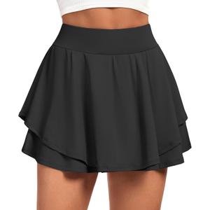 IUGA Tennis Skirt Pleated Skorts for Woman Double Ruffle Golf Skirts for Women Skort with Pockets Tummy Control Athletic (Large, Black)