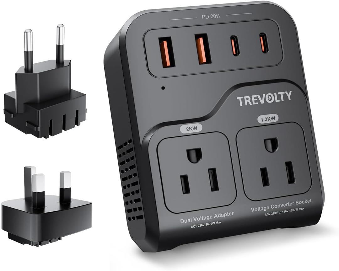 2000W Voltage Converter US to Europe, 220V to 110V Converter for European Travel with 3AC/2USB-A/2USB-C (PD20W), Travel Essentials with Type C G Plug (Black)
