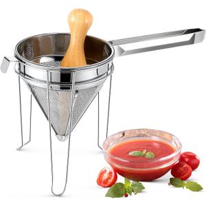 Feekoon Stainless Steel Chinois Strainer with Stand and Wooden Pestle Set, China Cap Strainer for Tomato, Berry, Fruit, Egg, Soup and Other Canning Jam Making Supplies, 15.35 x 7.67 x 7.28 inch