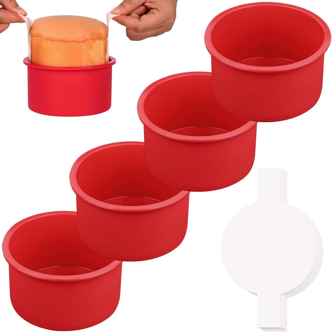 HUAKENER 4 Inch Cake Pan, 4 Pack Silicone Cake Molds with 100 Pieces Parchment Paper, Nonstick Round Cake Pan for Smash Cakes, Layer Cakes, Cheese Caks, Chocolate Cakes