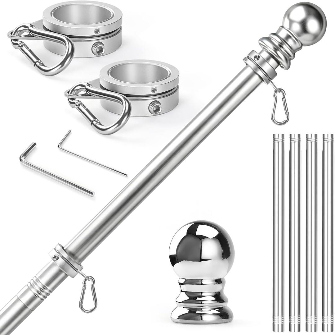 Anovo Flag Pole for Outside House - Stainless Steel 5 FT Flag Poles Kit with1 Inch Metal 360° Rotating Rustproof Flag Pole Rings for Outside House Porch 3x5 Flag Without Holder (5 FT-Sliver)