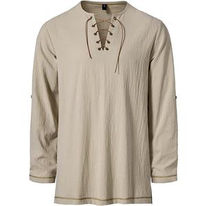 JEMITOP Men's Pure Cotton Vintage Lace Up Shirts for Pirate Renaissance Viking Medieval Costume Without Belt Khaki Small