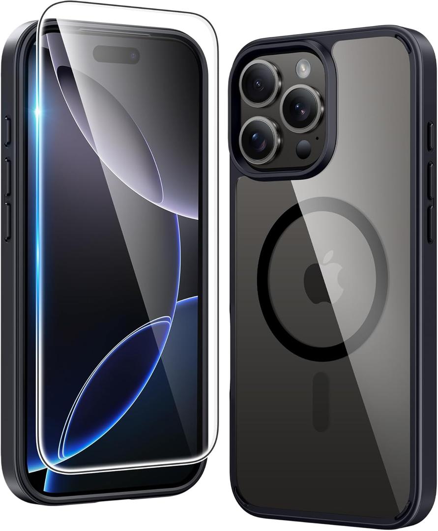 FNTCASE for iPhone 16 Pro-Max Case: Clear Magnetic Phone Cases with Screen Protector Compatible with Magsafe Slim Anti Yellowing Rugged Shockproof Protective Transparent Cell Cover (B-Black)