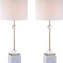 JONATHAN Y JYL5008A-SET2 30" Modern Glam Marble & Crystal Table Lamp Set of 2 for Living Room Bedroom, Contemporary Brass Gold Bedside Nightstand Lamps with White Linen Drum Shade, White & Gold