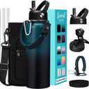 32/40/64OZ Insulated Water Bottle - Keep Cold 48H Hot 24H, Combo Straw/Spout Lids, Paracord Handle for Gym/Hiking, Carrier Bag +Strap, Cup Mat, BPA-Free Stainless Steel Flask Jug (Indigo Black)