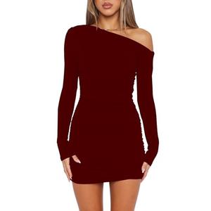 Mokoru Women's Sexy Elegant Off Shoulder Long Sleeve Ruched Bodycon Cocktail Party Mini Dresses, Medium, Wine Red, Medium
