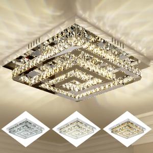 24" Large Crystal Chandelier with Remote Control, 3 Color Temperature Light Fixture & Brightness Adjustable, Modern Flush Mount LED Ceiling Light Fixture for Living Room Kitchen Hallway Dining Room (Silver)