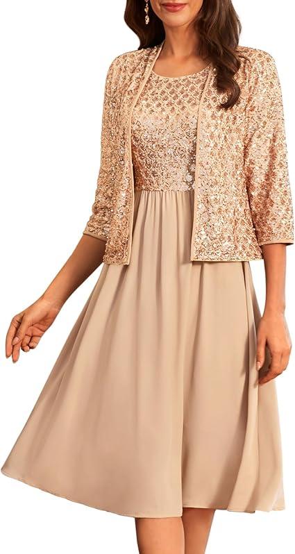Formal Mother of The Bride Dresses Formal Wedding Party Dress Two Piece Dress with Chiffon Jacket Champagne, Size: M
