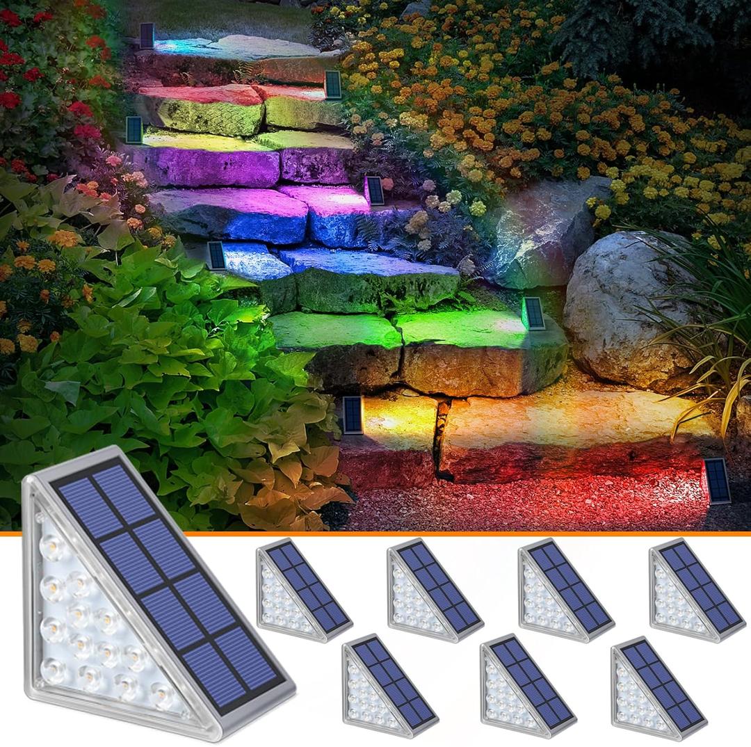 NIORSUN Solar Step Lights for Outside,8 Pack RGB Solid Color Changing Solar Stair Lights Outdoor Waterproof IP67 Auto On Off,Solar Lights for Steps,Stair,Patio,Yard,Porch,Front Door,Deck Decor