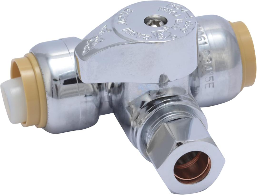 SharkBite 1/2 x 1/2 x 3/8 Inch Compression Tee Stop Valve, Push to Connect Brass Plumbing Fitting, PEX Pipe, Copper, CPVC, PE-RT, HDPE, 24984A
