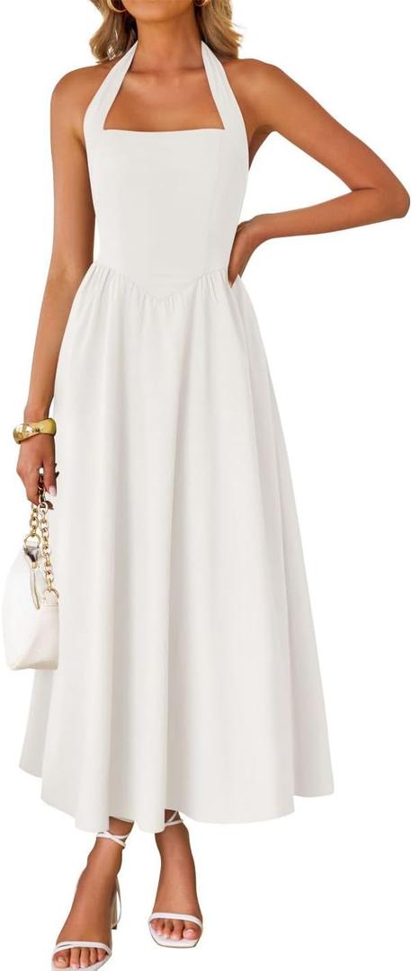 ZESICA Women's Summer Sleeveless Halter Midi Dress 2025 Off Shoulder High Waist Swing Flowy Beach Long Dresses (Ivory) S 