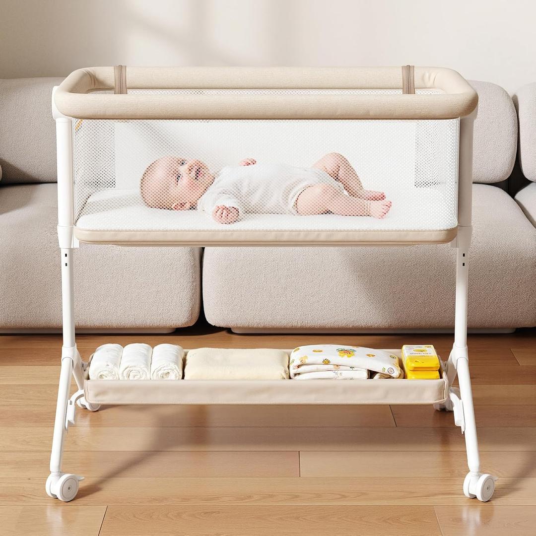 Bassinet Bedside Sleeper - All-Mesh Design, Portable Bedside Bassinet for Baby with Washable Mattress, 5 Adjustable Heights, Beige