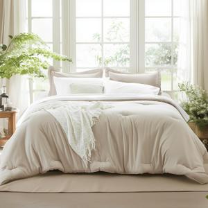 Beige Comforter Set Queen Reversible Bedding Set, 7 Pieces Soft Bed in a Bag Queen with Comforter, Sheets, Pillowcases & Shams, All Seasons Boho Queen Bed Set (02 Linen Beige)