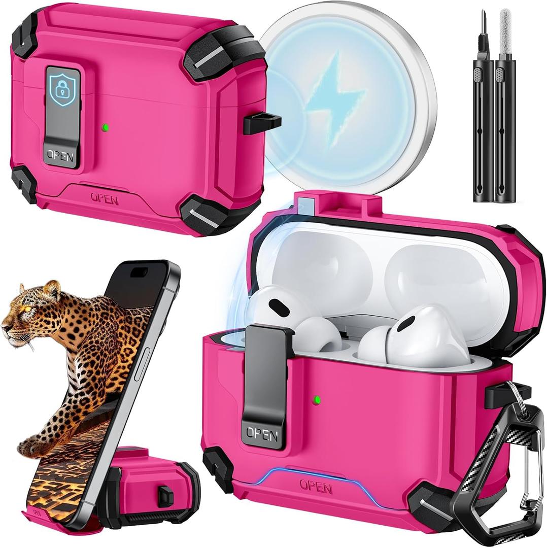 Inesore Compatible with AirPods Pro 2nd/1st Generation Case Cover with Phone Stand & Cleaning Kit,Compatible with Magsafe,Magnetic Automatic Lock for for iPod Pro Charging Case(USB-C/Lightning Cable) (W-Rose red)