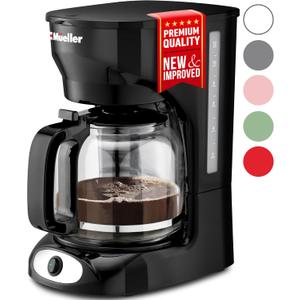 Mueller 12-Cup Drip Coffee Maker - Borosilicate Carafe, Auto-Off, Reusable Filter, Anti-Drip, Keep-Warm Function, Clear Water Level Window Coffee Machine, Kitchen Essentials & Accessories (Black)