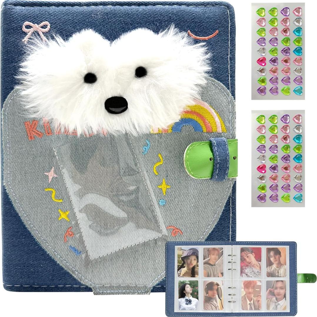 WAYUTO A5 Kpop Photocard Binder Y2K Aesthetic Blue photocard holder 20Pcs 4-Pocket Detachable Inner Pages Plush Puppy Photo Card Binder for 3-Inch Photocard with 2Pcs Colorful Heart Shaped Stickers