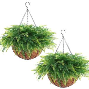 2 Set Artificial Hanging Fern Plants Outdoor Fake Hanging Ferns Planter, UV Resistant Faux Fern Plant Baskets for Outdoors Patio Garden Home Decor (Plastic, 2)