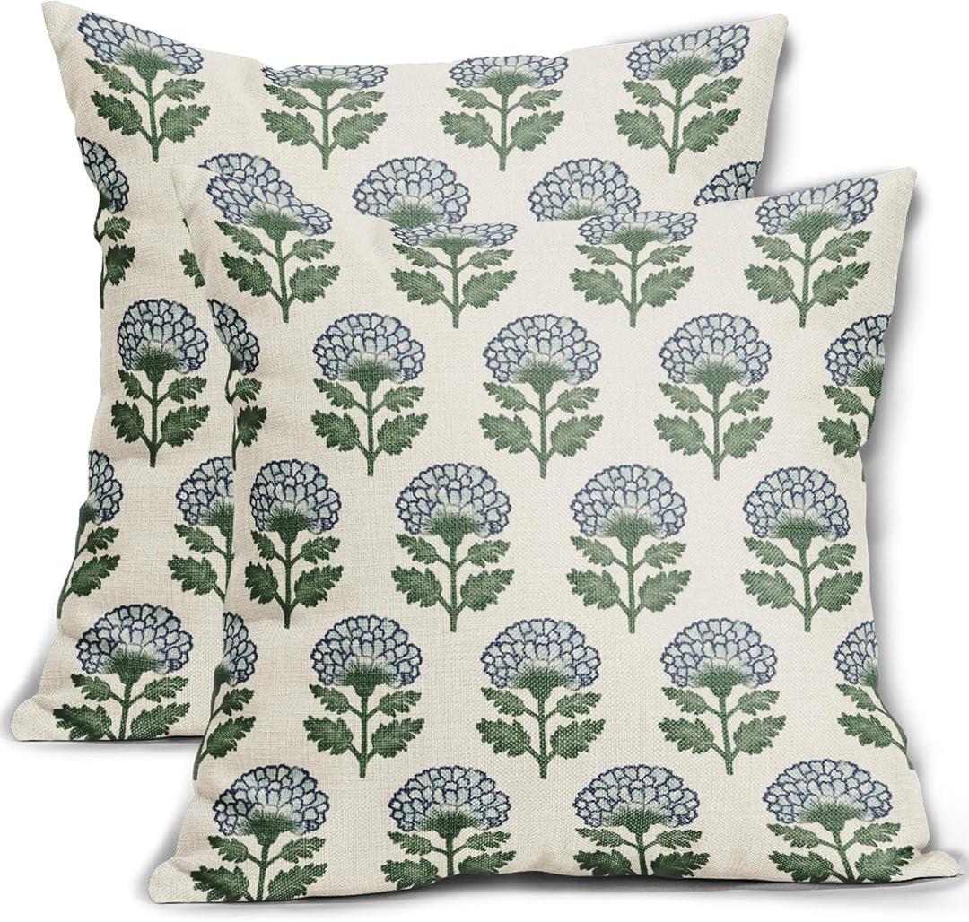 Blue Green Floral Block Print Pillow Covers 16x16 Set of 2 Flower Pattern Cream Spring Summer Decorative Throw Pillowcases Outdoor Rustic Farmhouse Cushion Cases Decor for Home Couch Sofa Bed