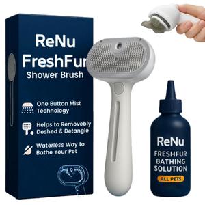 Renu Dog Brush, Renu FreshFur Dog Shower Brush + Bathing Solution, 3 in 1 Self Cleaning Steamy Pet Brushes, Dogs Grooming Tool for Long & Short Hair, Removes Loose Hair Reduces Shedding (White)