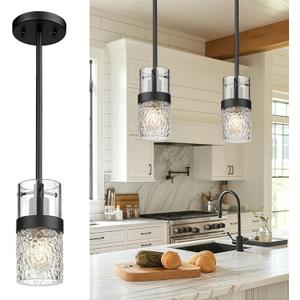 LMS Glass Pendant Lights Kitchen Island, 1-Light Modern Black Pendant Light with Hammered Glass and Rods, Mini Hanging Lighting for Kitchen Island Sink Bathroom Bedroom, LMS-172