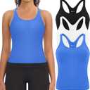 3 Pack Ribbed Workout Crop Tank Tops with Built in Bra for Women Seamless Racerback Cropped Athletic Gym Yoga Tops (L)