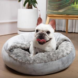 Washable Dog Bed with Blanket Removable Cover Cave Small Cat Pet Bed for Puppy Donut Round Plush Cozy Anti-Slip Bottom Gray 23X23X7 inch