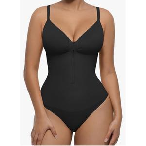 FeelinGirl Shapewear Bodysuit Tummy Control for Women Zip-Up Shapewear Thong Waist V Neck Body Shaper Going Out Black, M