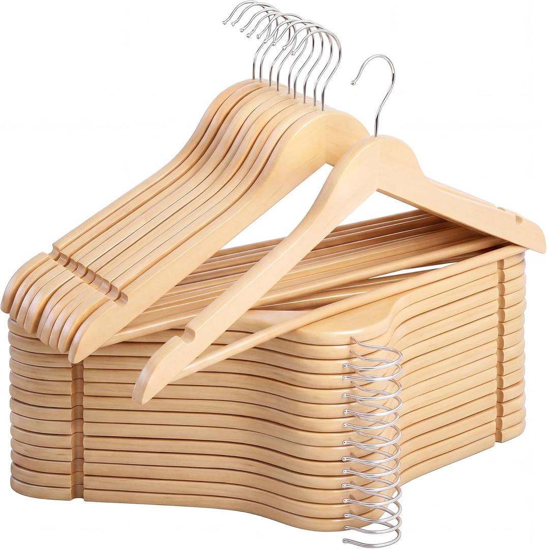 StorageWorks Wooden Hangers 30 Pack, Wood Coat Hangers for Closet, Heavy Duty Clothes Hangers for Suits, Shirts, Pants, Jackets, Natural Wood Color