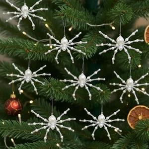 8 Pcs White Christmas Spider Ornament Glitter Beaded Spider Hanging Ornaments Decorations for Christmas Tree Holiday Decor Gift