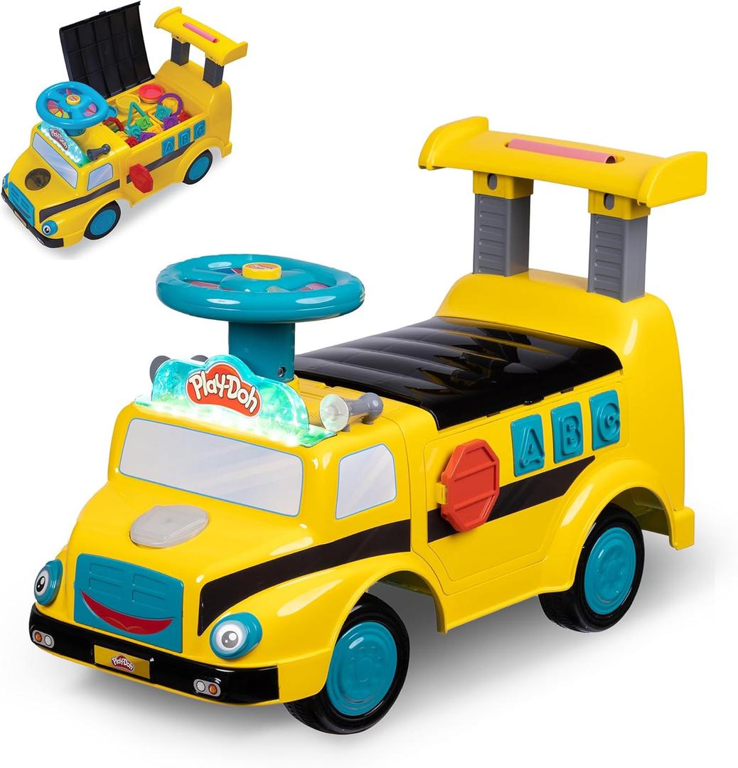Play-Doh Activity School Bus - Push and Ride On Toy Car for Kids Up to 44 Lbs, Lights and Sounds. Includes Shape and Number Cutters, Play Doh Set, Kids Ride On Toy, Push Car for Girls and Boys