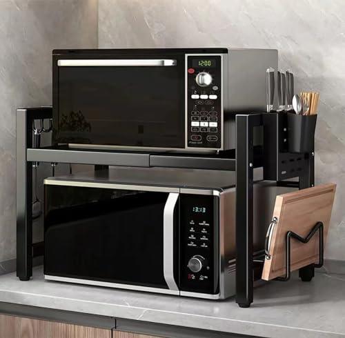 Extendable Microwave Oven Rack, 15.7~24.8" L Expandable Microwave Stand with Storage Shelf Heavy Duty with 6 Hooks and Chopsticks Cutting Board Holder for Kitchen Countertop